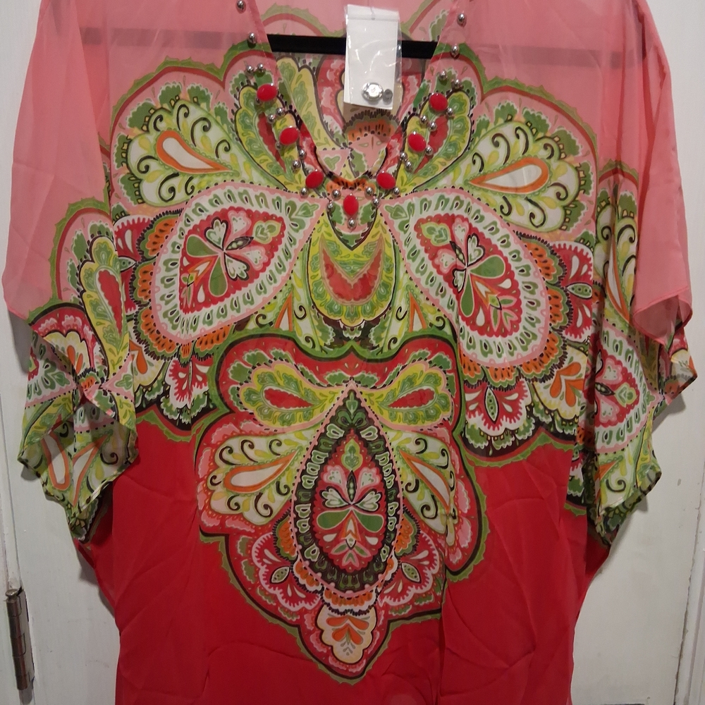 Susan Graver Pink & Green Paisley-Print Tunic